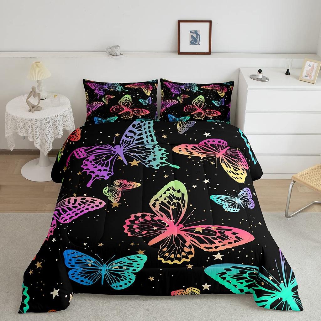Set Biancheria da Letto Farfalle Scure per Bambine Ragazze Set Copripiumino Farfalle Set Coperta Trapuntata Copri Trapunta Camera da Letto 3 Pezzi Full King Size