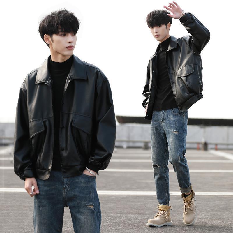 

Korean-Style Trendy Loose Leather Motorcycle Jacket for Men - Spring/Autumn Pilot Jacket, New Student Fashion Trend. 3XL чорний