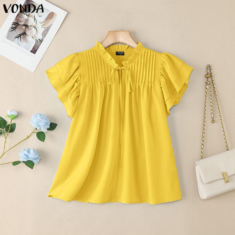 VONDA Women Summer Casual Round Neck Short Sleeve Ruffled Pleating Blouse