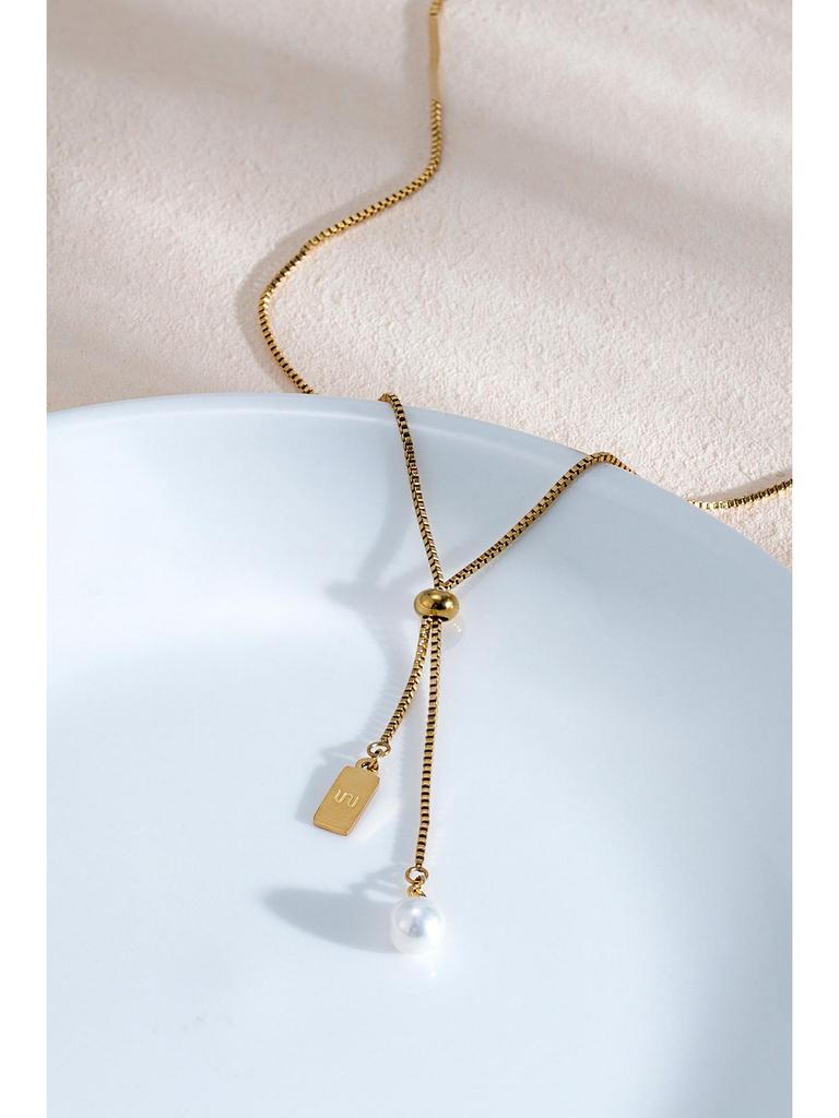 18K Gold-Plated Pearl Necklace with Adjustable Drawstring - Titanium Steel Clavicle Chain for Women