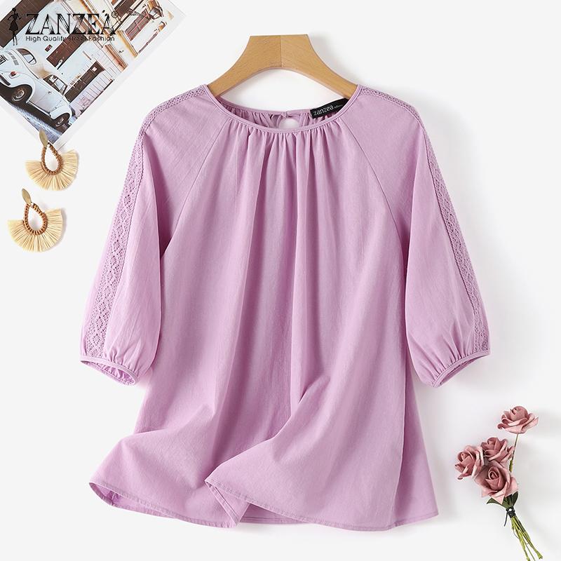 

ZANZEA Женская повседневная кружевная летняя блузка с рукавом 3/4 и круглым вырезом Топы