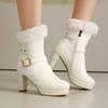 Winter Ankle Boots Women's with Warm Rabbit Fur Comfy Round Toe Chunky High Heels Shoes Soft PU Belt Footwear