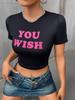 European, American English slogans Printed sexy exposed navel short T-shirt fashionable round neck slim slim top women's multi-picture