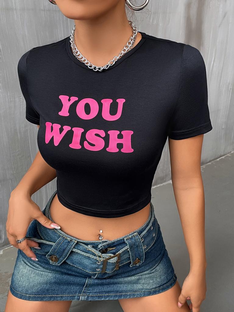 European, American English slogans Printed sexy exposed navel short T-shirt fashionable round neck slim slim top women's multi-picture