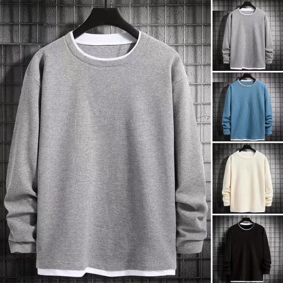 Men O-Neck Waffle Sweatshirt Fake Two-Piece Long Sleeve T-shirt Casual Loose Pullover for Spring Autumn Daily Wear Street