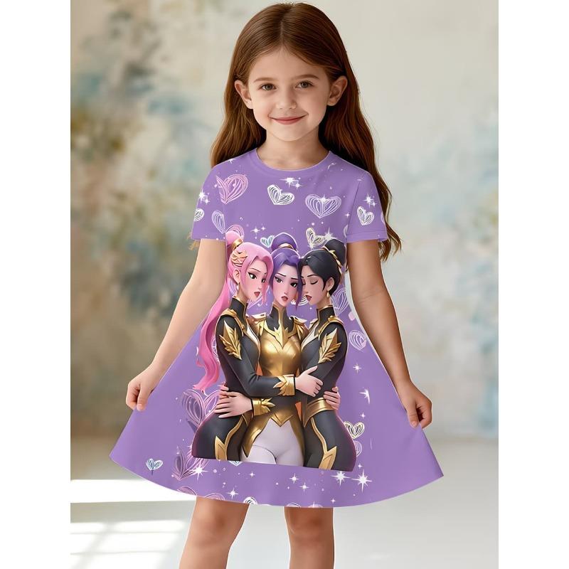 Girl's Purple Flower Unicorn Print T-shirt Dress, A Shiny Casual Dress for Children's Animal Lovers, Suitable for Birthday Gifts