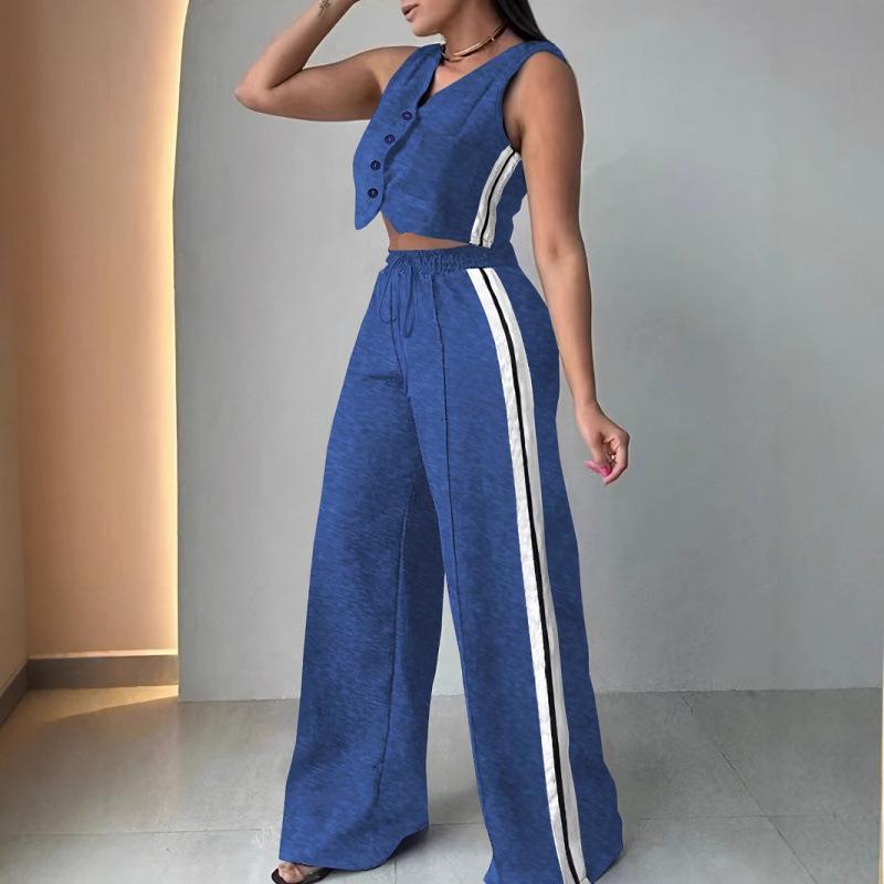 Women's Loose Fit Two Piece Set Sleeveless Crop Top Elastic Waist Wide Leg Pants Tracksuit