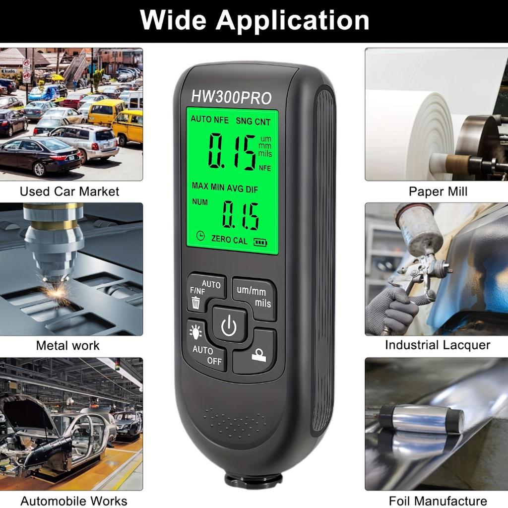 HW-300PRO Car Paint Thickness Gauge, 0-2000UM Fe&NFe Coating Tester, High Precision Automatic Detection, Auto Repair Inspection Tool