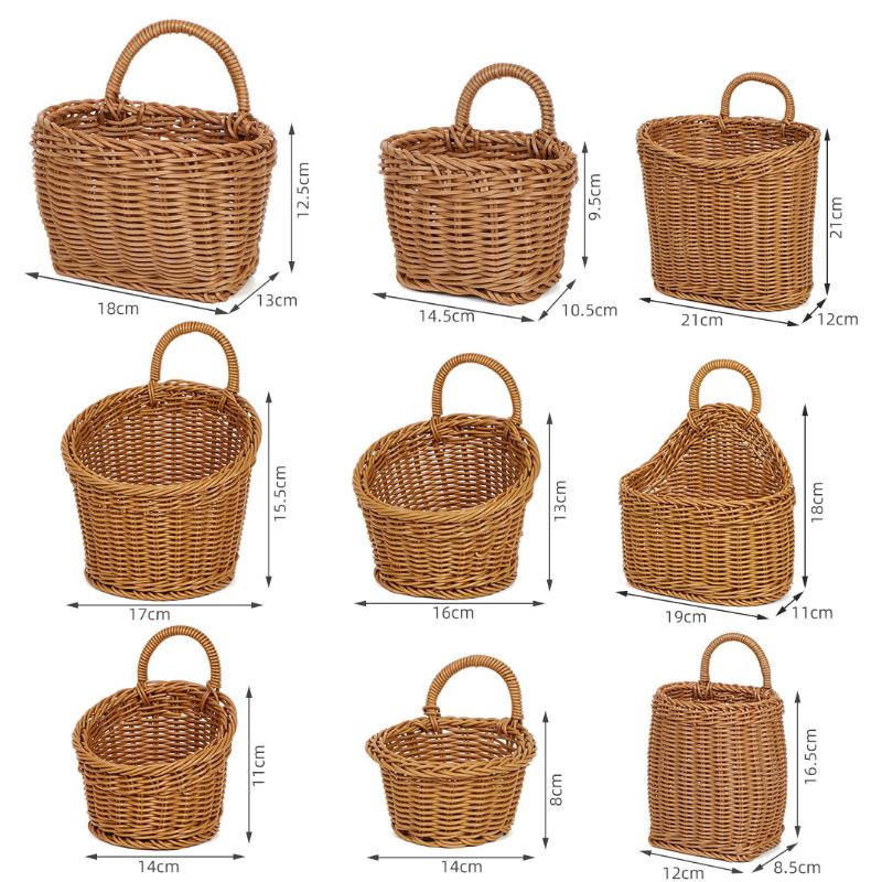 Imitation Rattan Kitchen Storage Basket Brown With Handle Hand-Woven Hanging Baskets Vegetable Fruit Flower Sundries Organizer