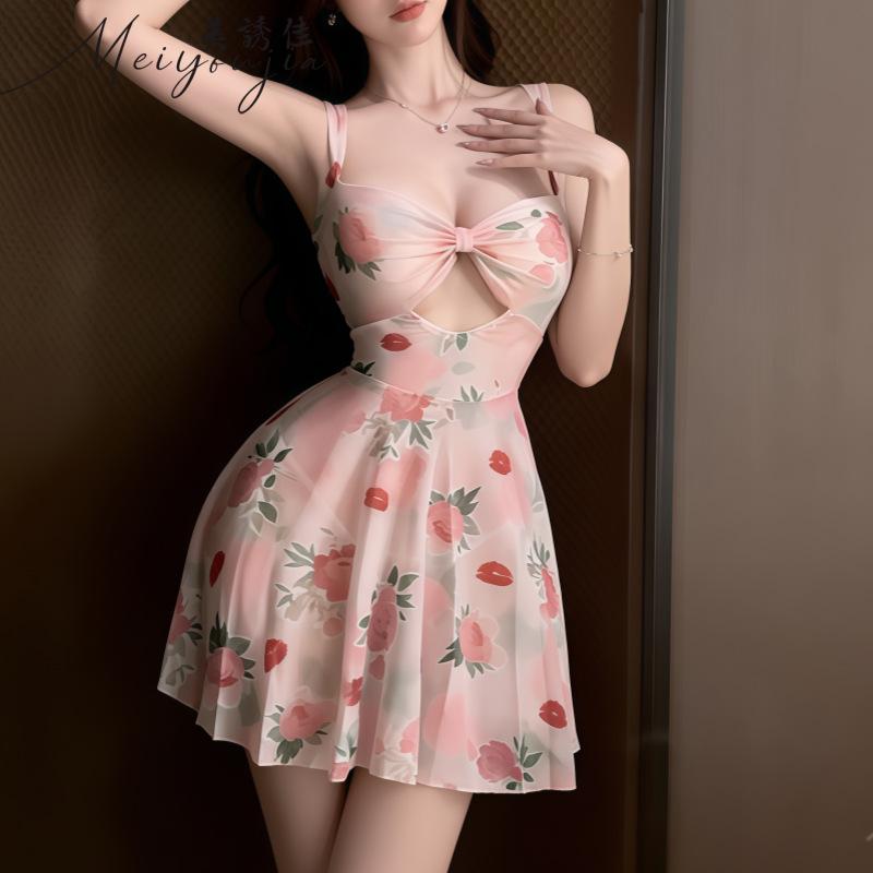 Erotic lingerie sexy sweet printed pajama dress hot girl beautiful back halterneck pure desire temptation pure desire wind