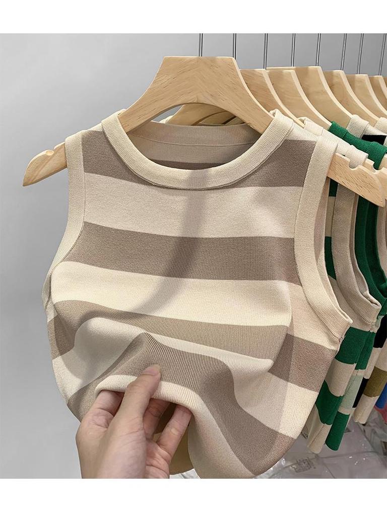 Dámská pruhovaná pletená vesta - Letní 2024 Retro styl, Chladivý top bez rukávů