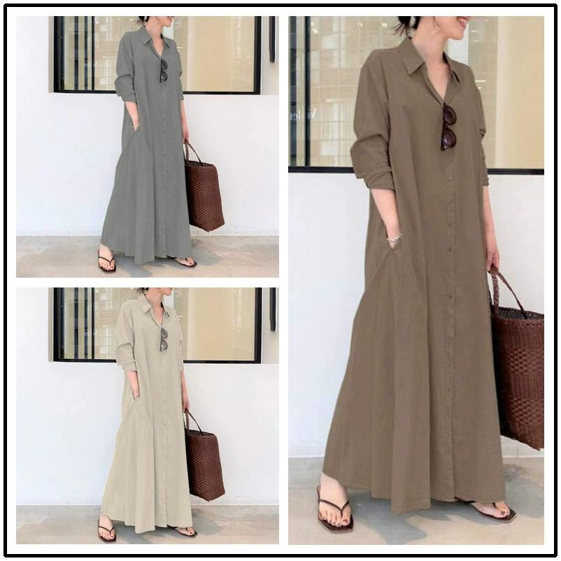 Women's Button Down Cotton Linen Shirt Dress Long Sleeve Maxi Dress Beach Dress with Pockets