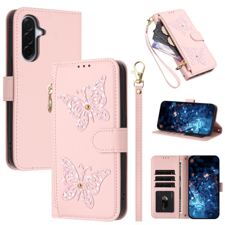 Glitzer Schmetterling Reißverschluss Veganes Leder Handyhülle Für Galaxy A07 4G / A06 5G / A06 4G, Kartenhalter Handgelenkschlaufe Stoßfeste Hülle
