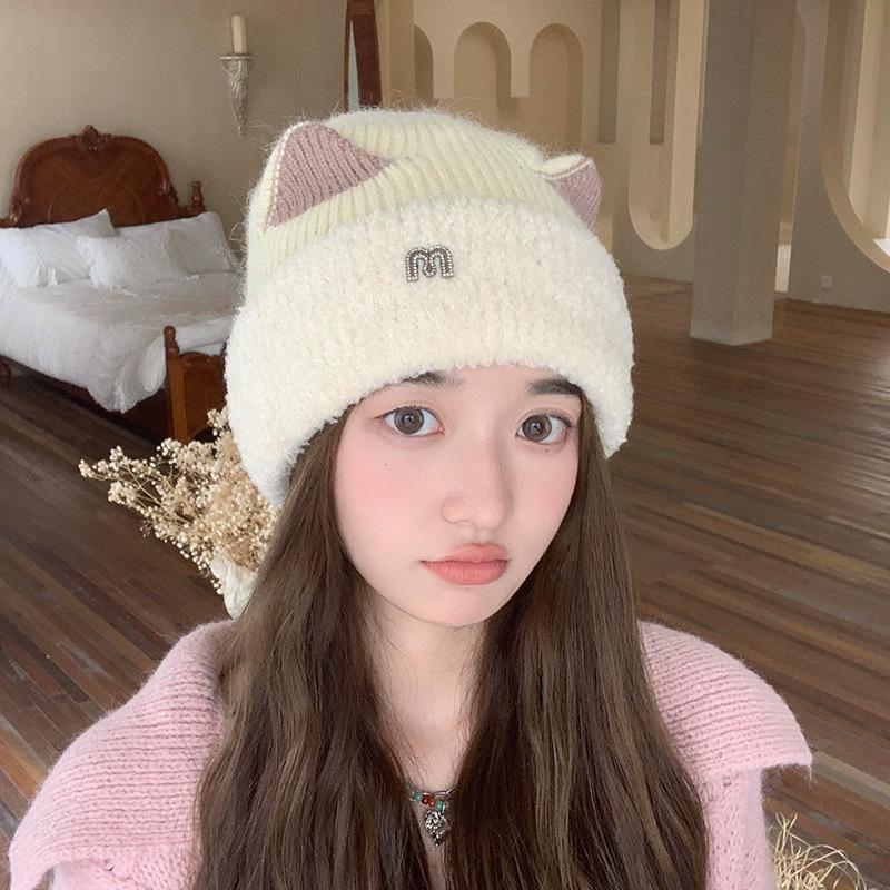 Winter Hat Women's M Standard Sweet and Cute Cat Ears Pullover Hat Versatile Velvet Knitted Hat Warm Ear Protector Cold Hat