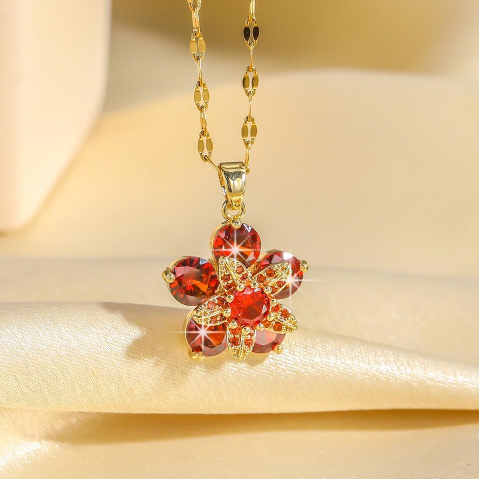 Cross Micro-Inlaid Rotating Flower Necklace with Colorful Zirconium & Pink Titanium Steel