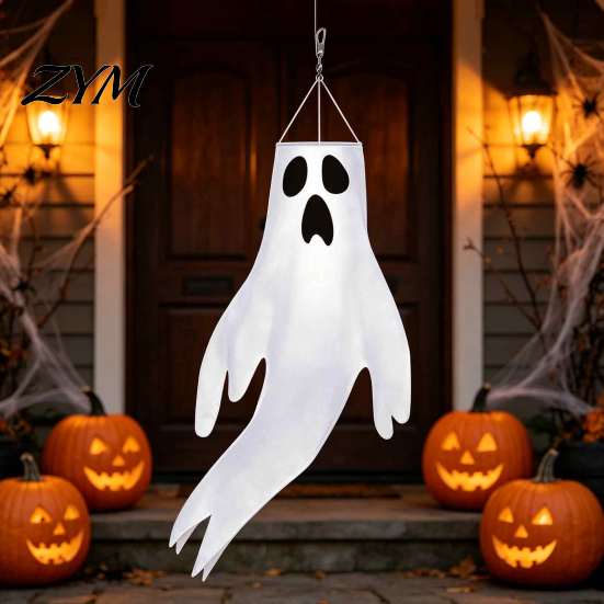 Festive Ghost Streamers 44 Inch Halloween Hanging Windsock, White Flying Ghosts Flag Wind Windsock Socks for Tree, Outdoor Yard Patio, Party