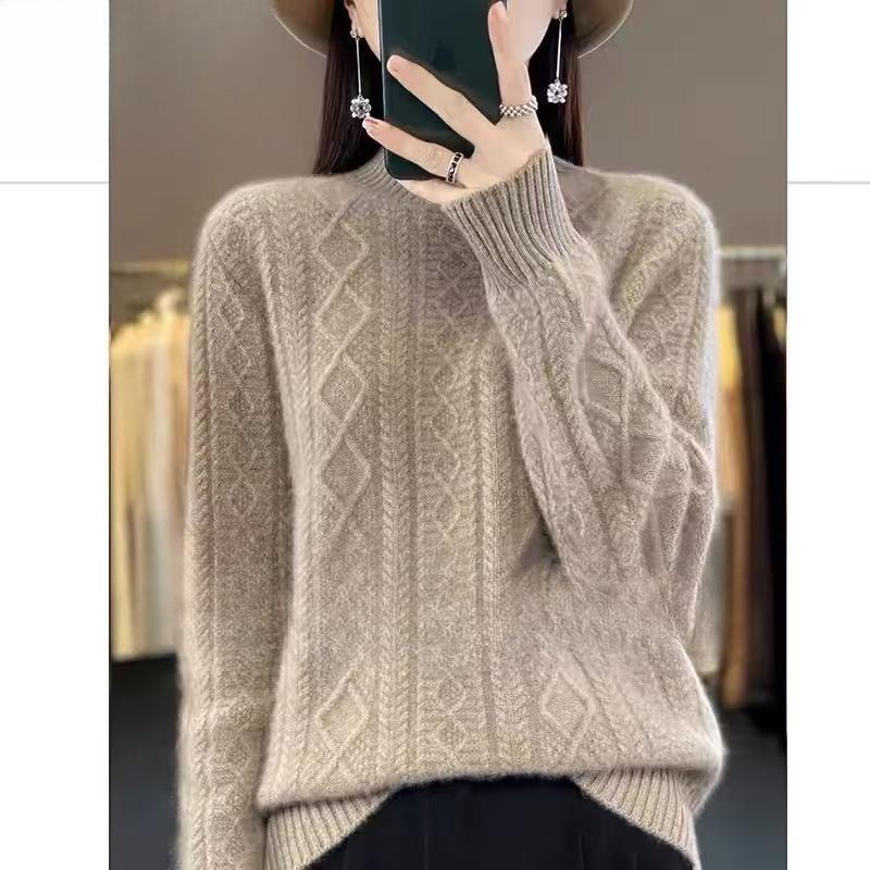 Cashmere Sweater Women's Autumn and Winter Half Turtleneck Thickened Loose Solid Color Jacquard Versatile Cashmere Bottoming Sweater Warm Top