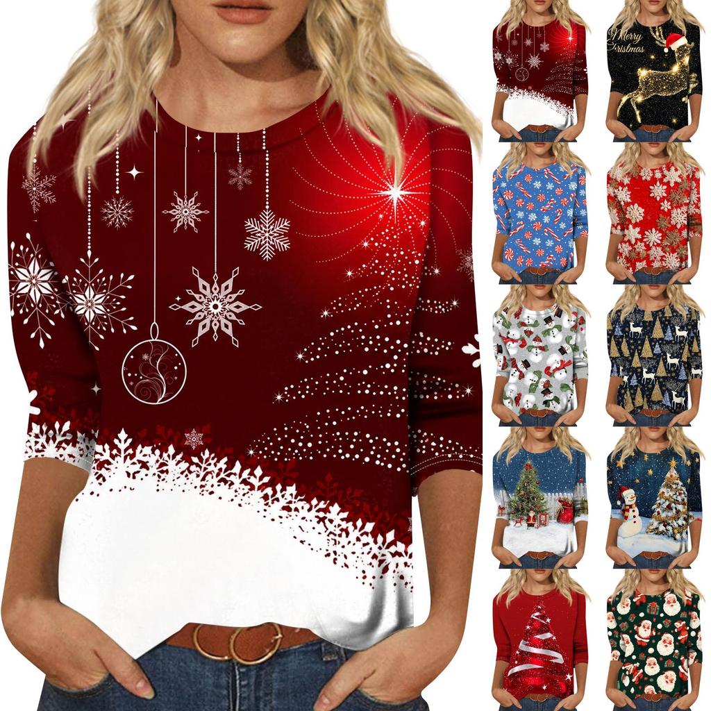 Women's Casual Three-Quarter Sleeve Neck Christmas Print Top
