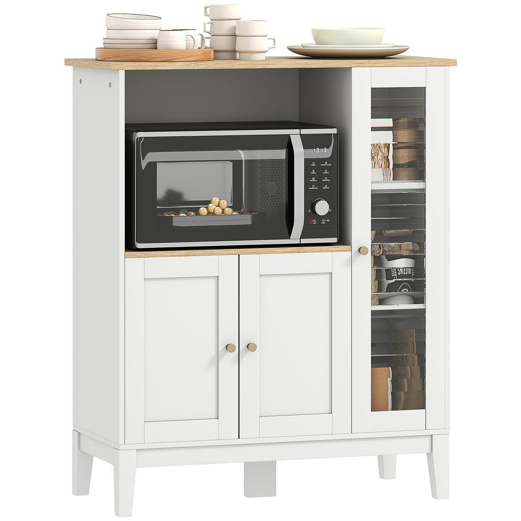 Kitchen microwave cabinet with 1 compartment, 3 cable pass-through doors, 80 x 35 x 97 cm, white and wood-like