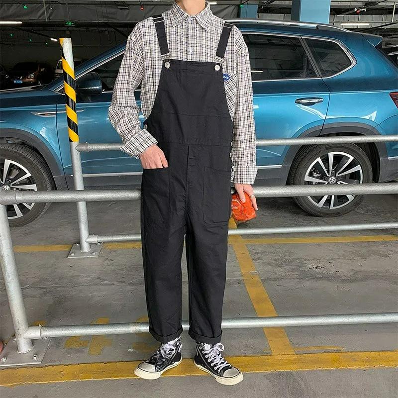 Hong Kong Style Bib Pants Men's Summer Suspenders Korean Version of Loose Straight Nine-point Wide-leg Pants Super Fire Bib Pants