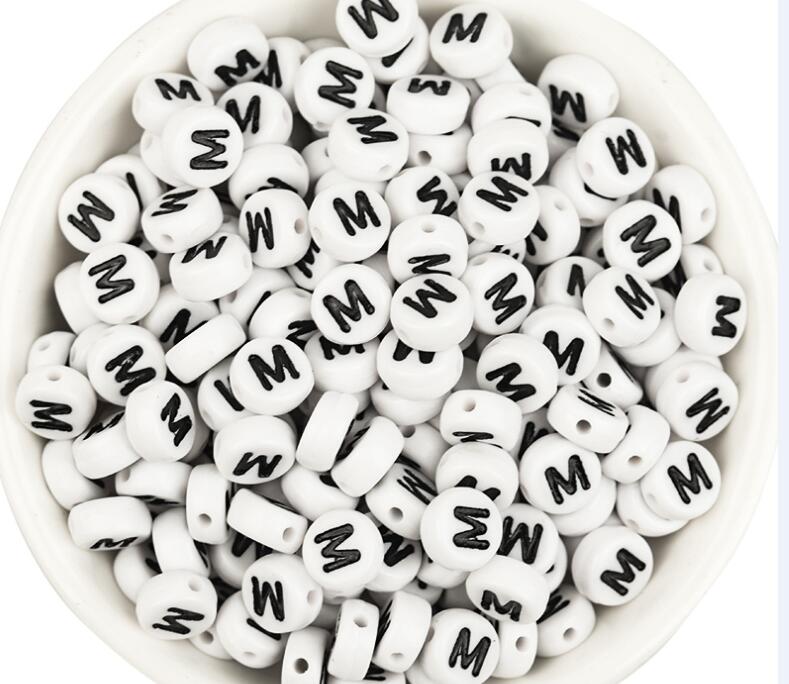 100Pcs 7mm Acrylic Letter Beads White Black A-Z Letters Loose Flat Round Beads For DIY Bracelets Necklaces Jewelry Accessories