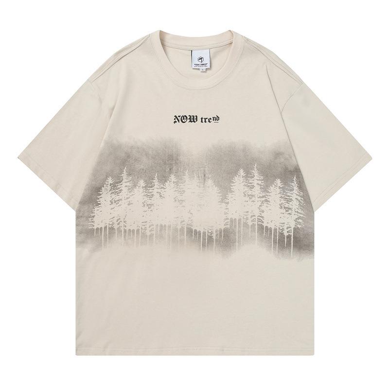 

Модная летняя новая свободная и универсальная дышащая футболка в японском стиле ретро с креативным пейзажным принтом XXL миндальный