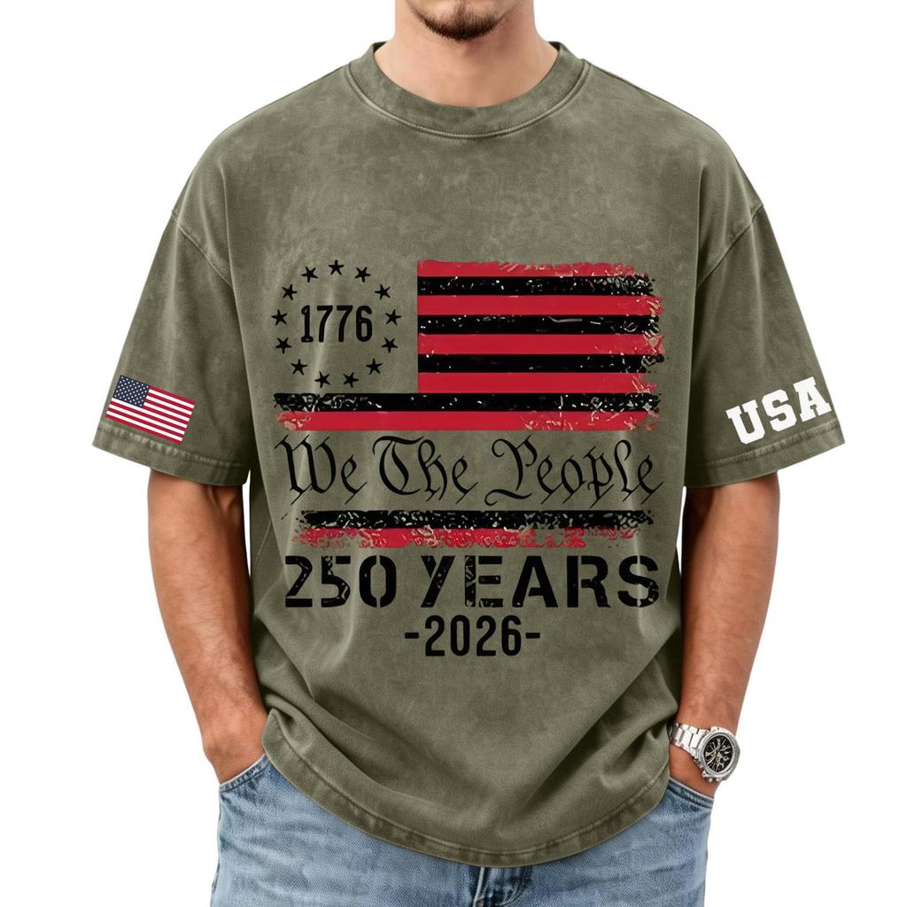 Men's Loose and Casual Flag Letter Print T-shirt - Men's Trendy Washed Short-sleeved Top