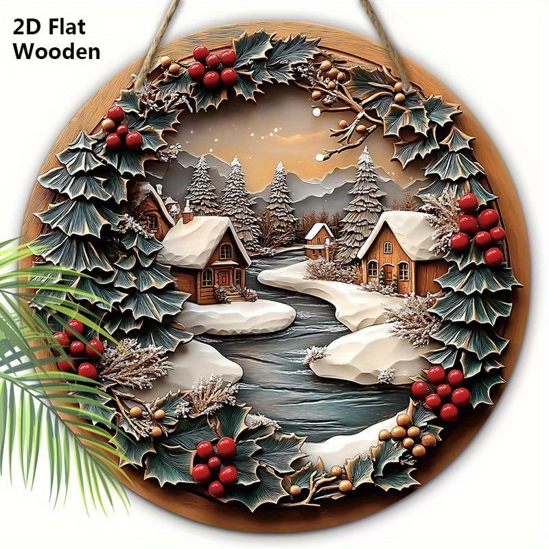 

Деревянная табличка в деревенском стиле на Рождество с узором заснеженного дома - Круглая табличка Navidad для входной двери, настенный декор - Идеальное рождественское украшение 20cm/7.87in светло-коричневого