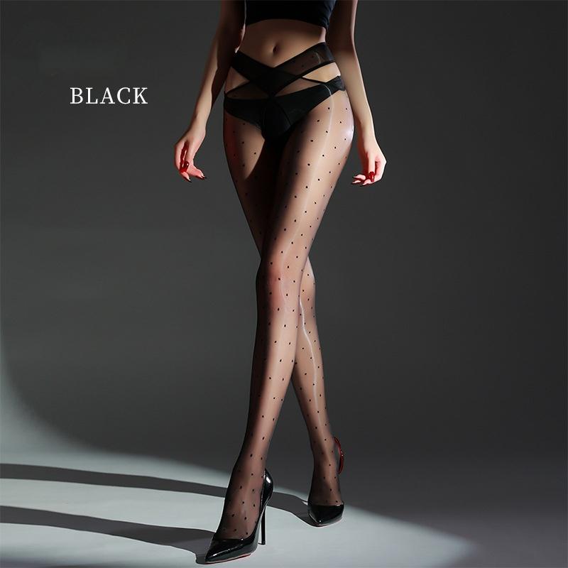 Open Crotch Dot Thigh High Stockings Sex Lingerie Pole Dance Clubwear Women Oil Glossy Transparent Underwear Pantyhose
