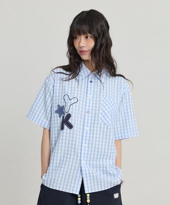 WAIKEI Check Applique Button Short Sleeve Shirt Sky Blue