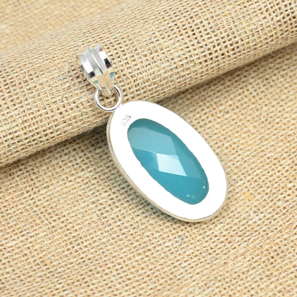 Unique Blue Chalcedony Gemstone Pendant 925 Sterling Silver Jewelry For Women