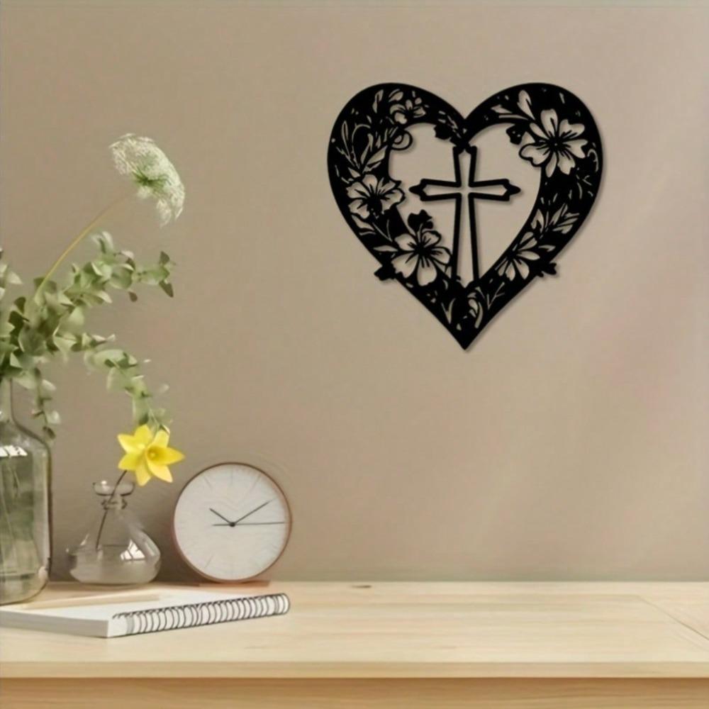 Black Metal Wall Art with a Heart, Central Cross and Floral Patterns. A Meaningful Gift for Easter. Perfect for Living Room Decor, Adding Faith.