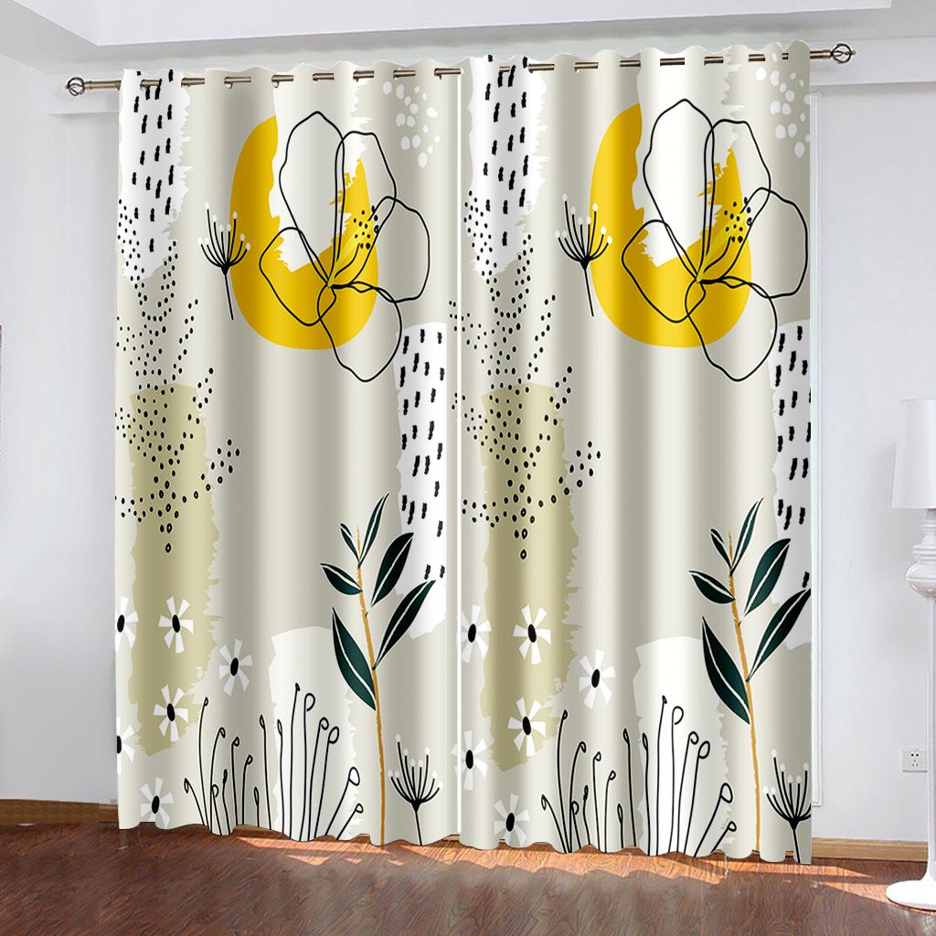 Zasłony tkane z nadrukiem roślinnym, zasłony zaciemniające do sypialni, dwie oddzielne zasłony po lewej i prawej stronie
