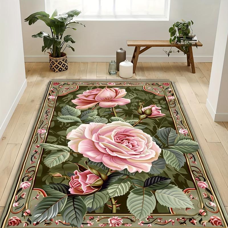 VIKAMA Pink Rose Pattern Rug Durable And Easy-To-Clean Floor Mat Suitable For Living Rooms And Bedrooms Home Decor
