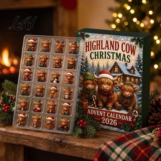 Cute Collection Figurines 2026 Highland Cow Christmas Advent Calendar 24-Day Acrylic Countdown Ornament Set with Calendar Mini Figures Tree Hanging