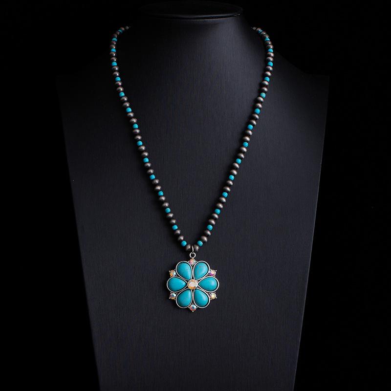 Bohemian Retro Ethnic Style Turquoise Necklace Female Western Denim Style Multi-Layered Wearing High-End Sweater Chain