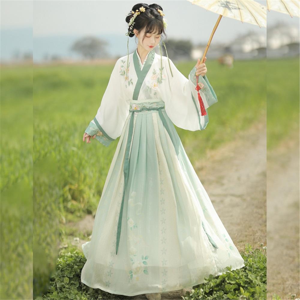 Chinese Original Hanfu Daily Suit Of Wei And Jin Dynasty Style Embroidered Cross-neck Waist-length One-piece Skirt Daily Suit Of Wei And Jin Dynasty