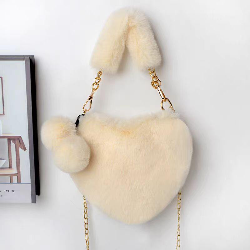 Peach Heart Fluffy Crossbody Bag - Faux Rabbit Fur, Plush Chain Design