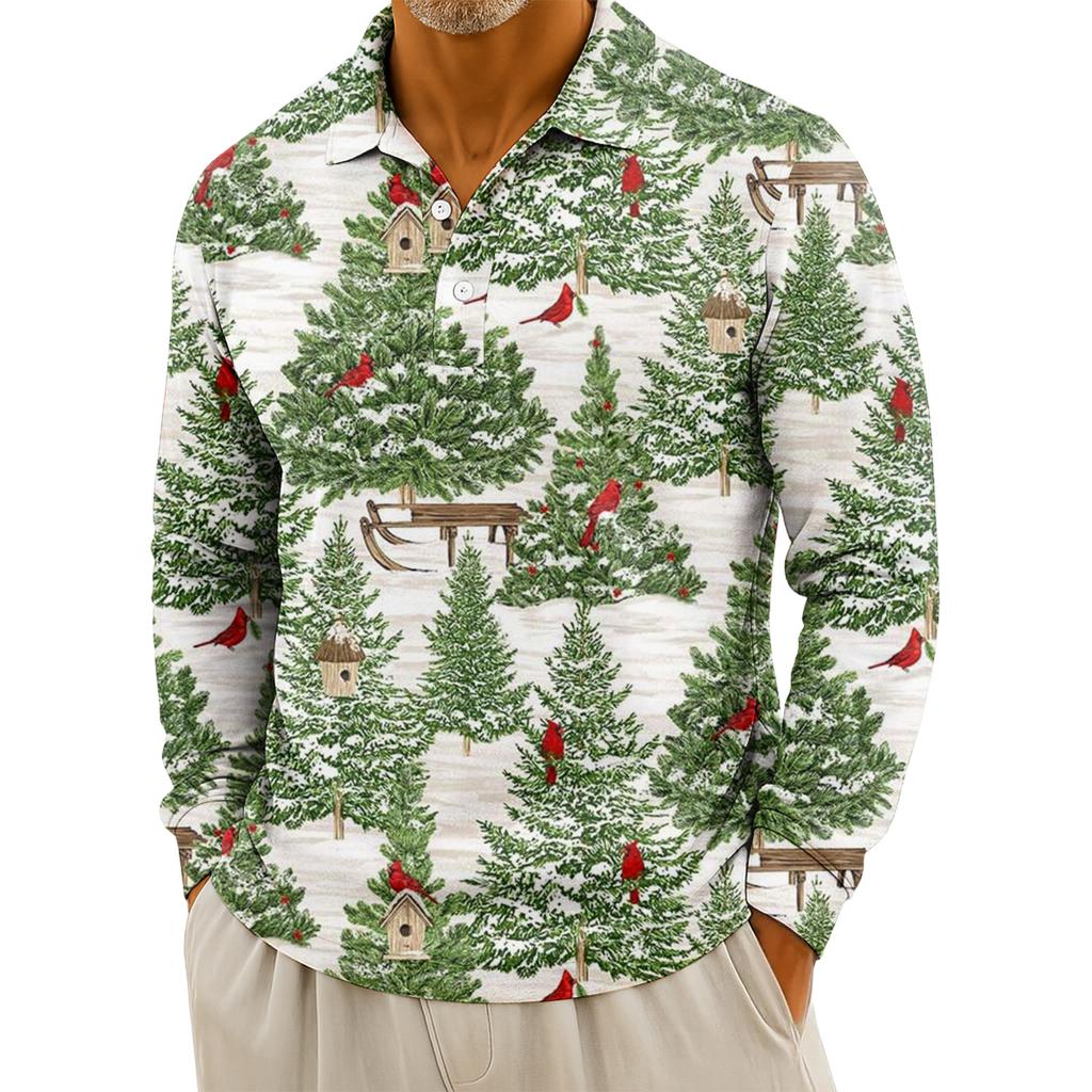 Men's Casual Christmas Print Button Long Sleeve Shirt
