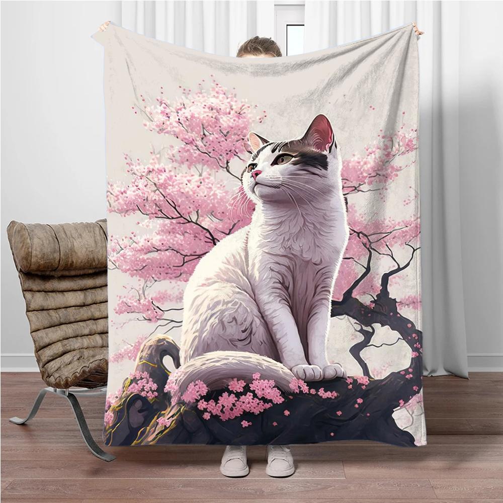 Cats Cherry Blossom Flannel Blanket Children Warm Soft Blanket for Sofa Bed Cover Blanket Suitable for Birthday Souvenir Gifts