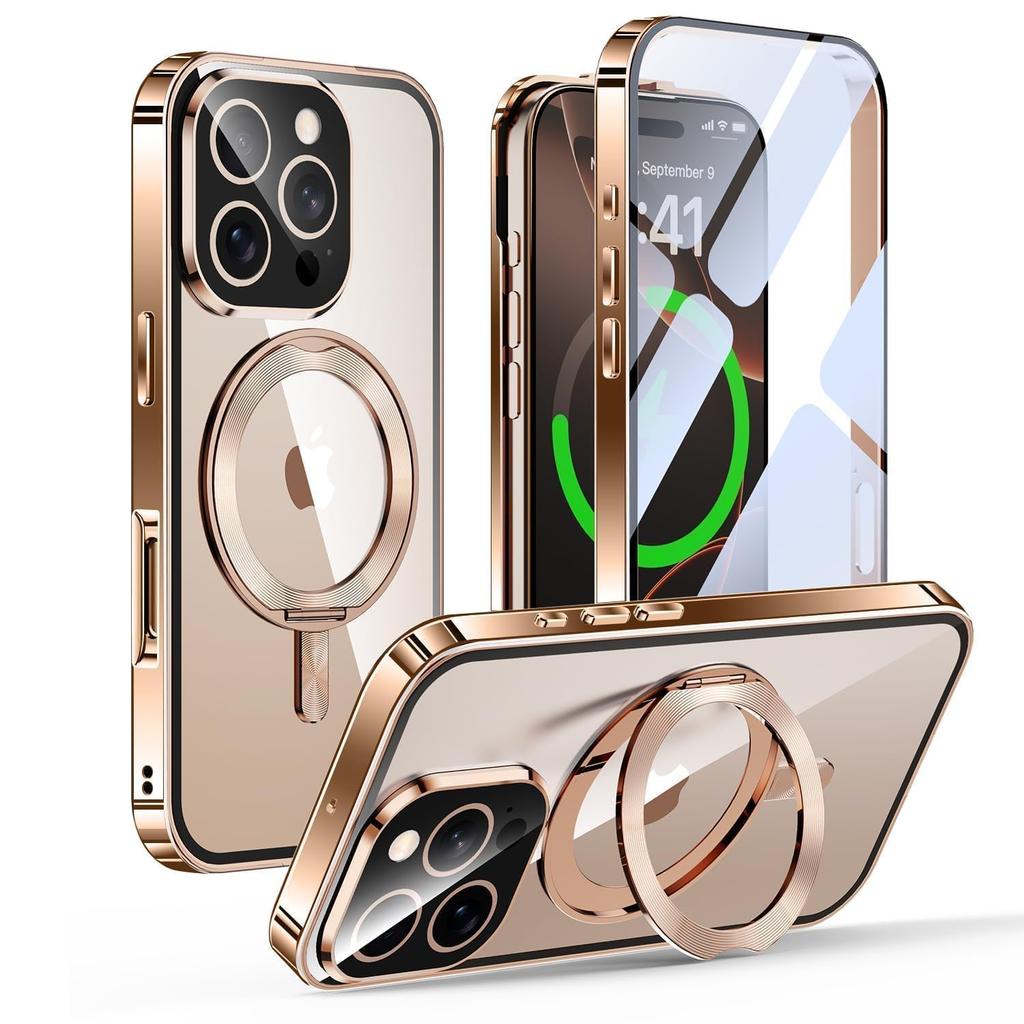 Gunwon iPhone 16 Pro Max MagSafe CD Rotating Automatic Aluminum 9H Tempered PC Camera Lens Full Wireless iPhone 16 Pro Max Case, Double-Sided