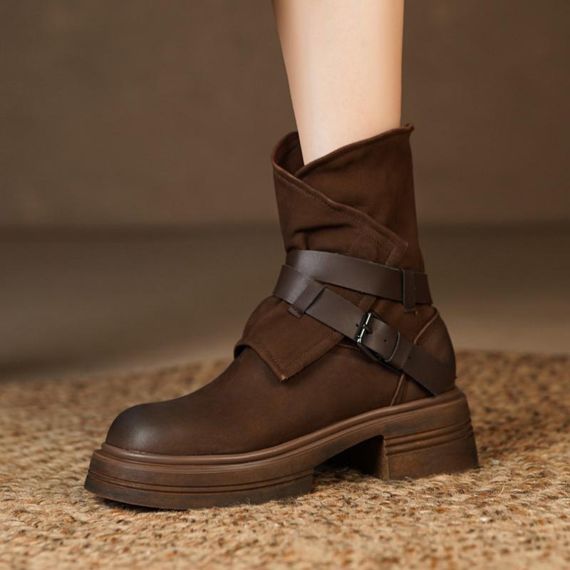 Herbst und Winter Weiches Leder Seitlicher Reißverschluss Dicke Sohle Damen Dicke Absätze Französische Retro Kurze Stiefel