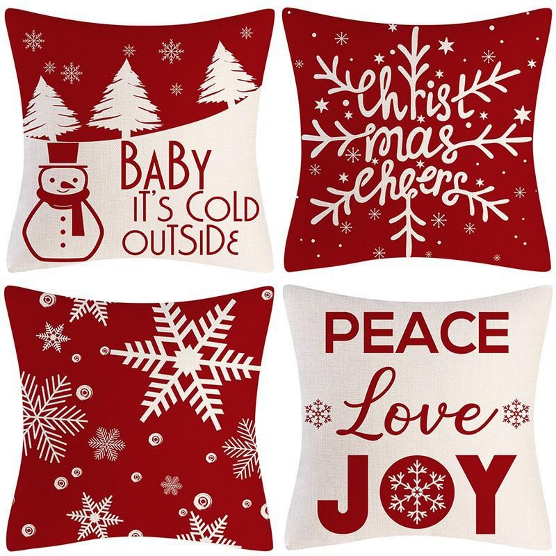 Set of 4 Trendy Christmas Pillow Covers 18x18 Red White Pillowcase Square Xmas Tree Snowflake Pattern Holiday Decor