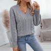 Women's Fashion Casual Loose Solid Color Pullover Retro Cable V-Neck Long Sleeve Knit Sweater