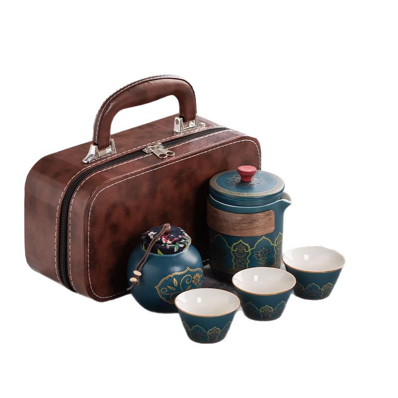 Ancient Charm Ceramic Travel Tea Set: Quick-Brew Pot with Three Cups for Outdoor Use - Customizable Logo Gift