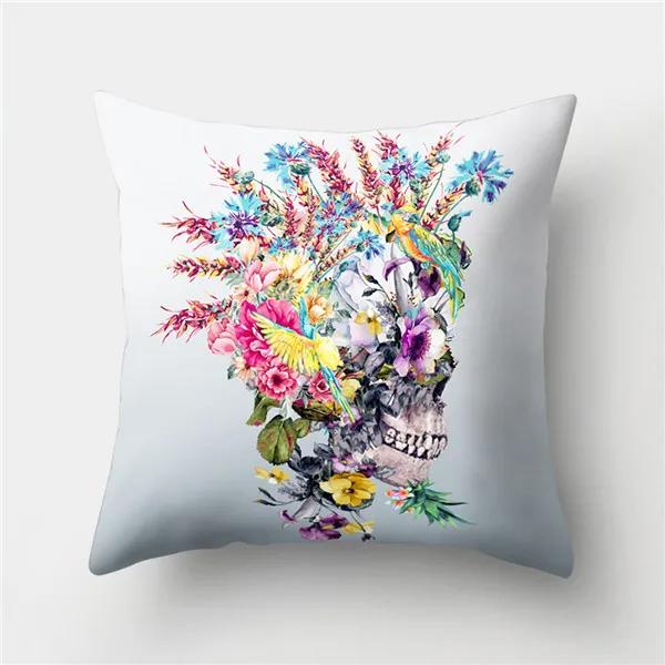 Halloween Floral Skull Print Cushion Cover Polyester Decorative Pillow Cover For Home Sofa Bed Nordic Style Pillow Case 45X45Cm