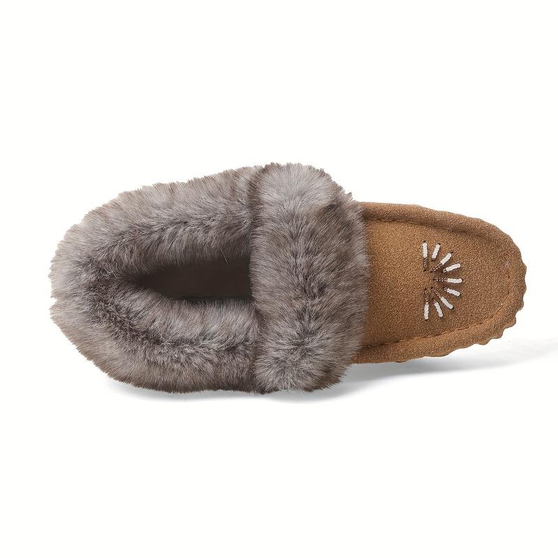 Women's Faux Fur Slippers - All-Season Cozy Moccasins with Petal & Leaf-like Embellishment, Soft TPR Sole & Faux Cover-like Upper, Beige