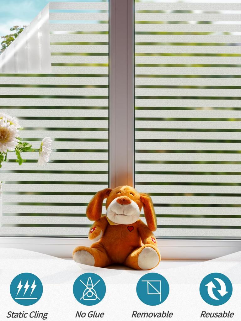 Frosted Glass Privacy Window Film - Static Cling UV Blocking Striped Pattern Non-Adhesive Cover for Home Office Glass Doors