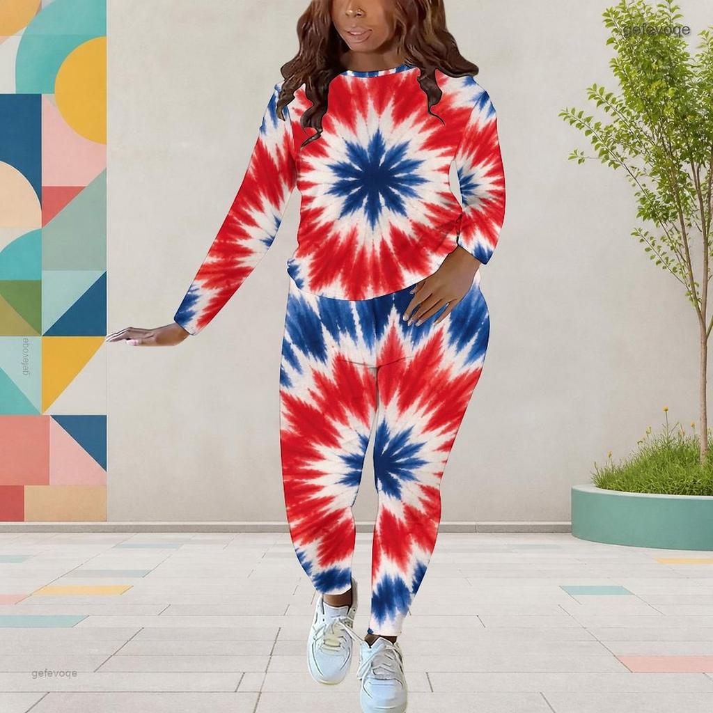 Women Plus Size Round Neck Long Sleeve Printed Top And Fitted Pants Two Piece Set