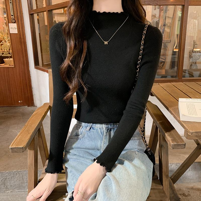 

Bottom shirt women s clothing with solid color inside, autumn new fungus edge semi-turtleneck sweater, knitted top One Size чёрный